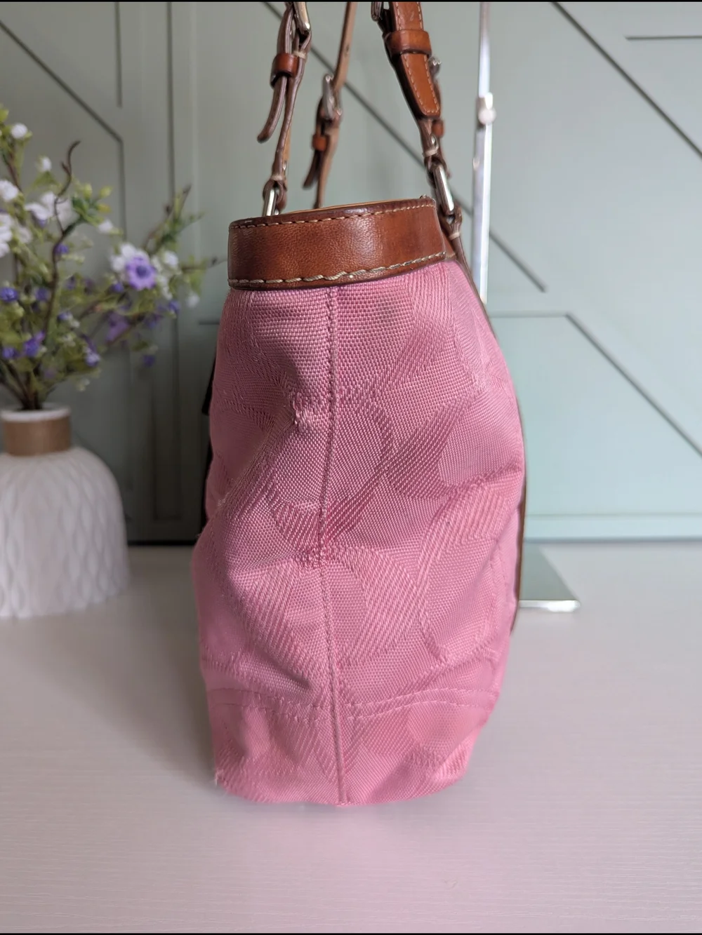 Coach Pink Canvas Tote with Brown Leather Trim